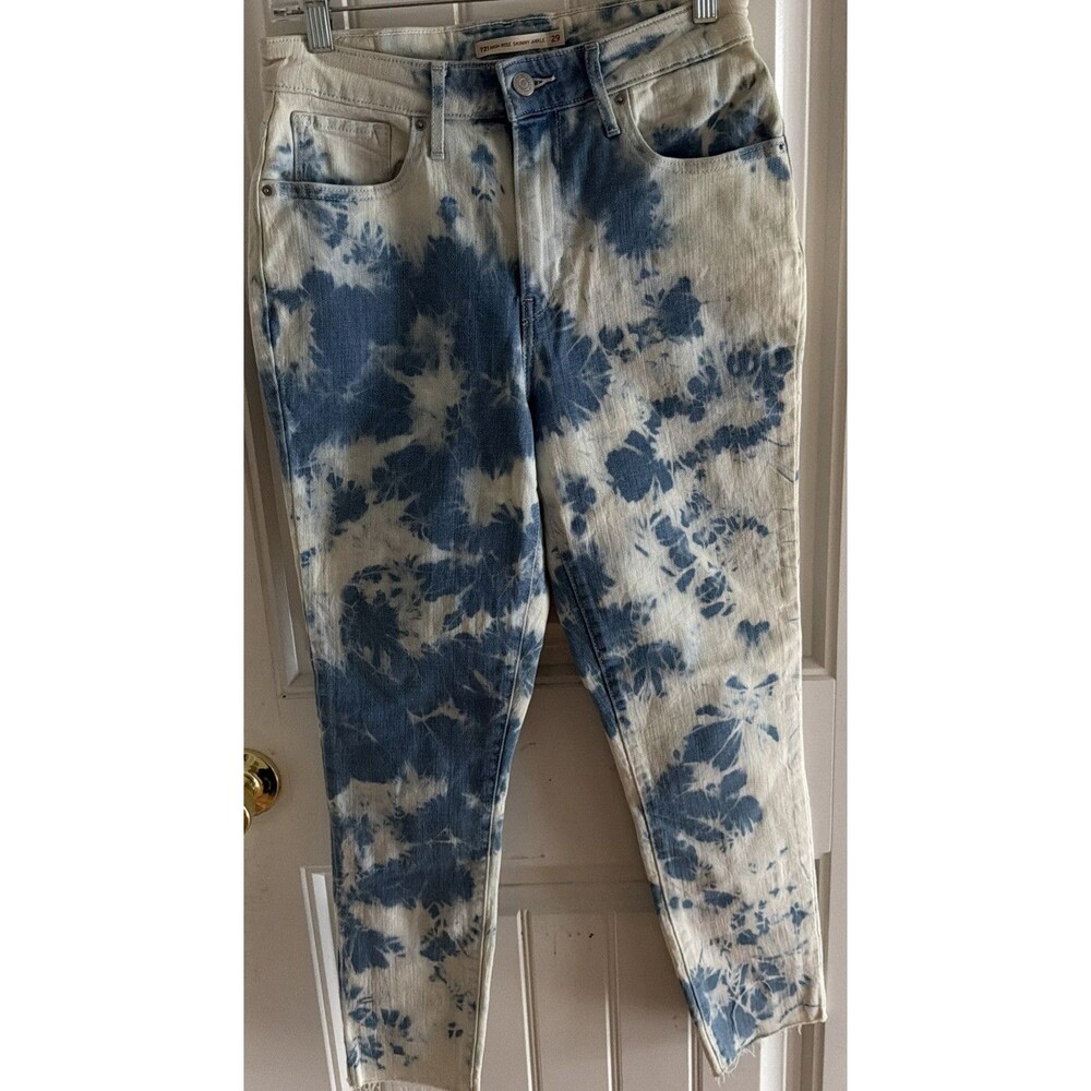 Levis 721 High Rise Skinny Ankle Tie Dye Jeans Blue White Raw Hem Womens 29